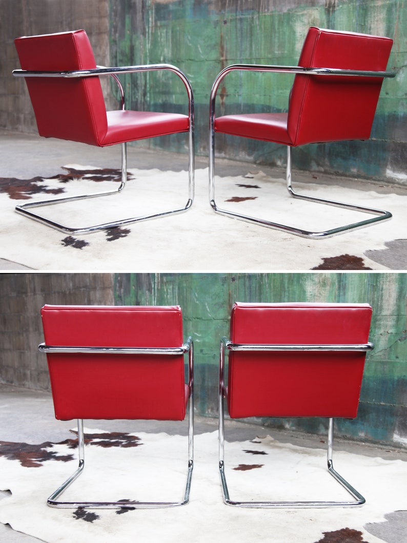 Mid Century Modern Thonet Mies Van Der Rohe Brno Red Chrome Cantilever Dining / Side / Accent Chairs 4 Avail. Sold Ind. SET avail. image 7