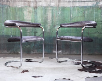 HOLD ** Mid Century Modern PAIR of Chairs by Anton Lorenz for Thonet Bent Chrome Cantilever Chair Post Modern Grey Gray