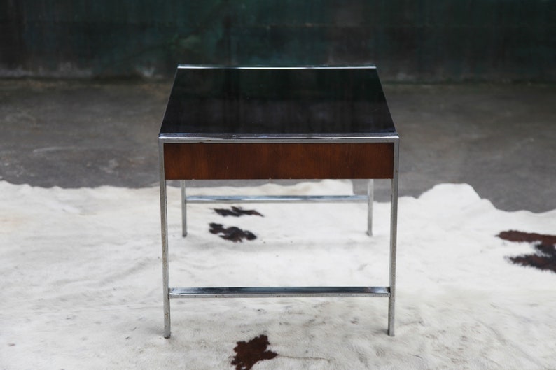Stunning Milo Baughman Mid Century Smoked glass Chrome walnut end coffee cocktail table MCM Designer image 5