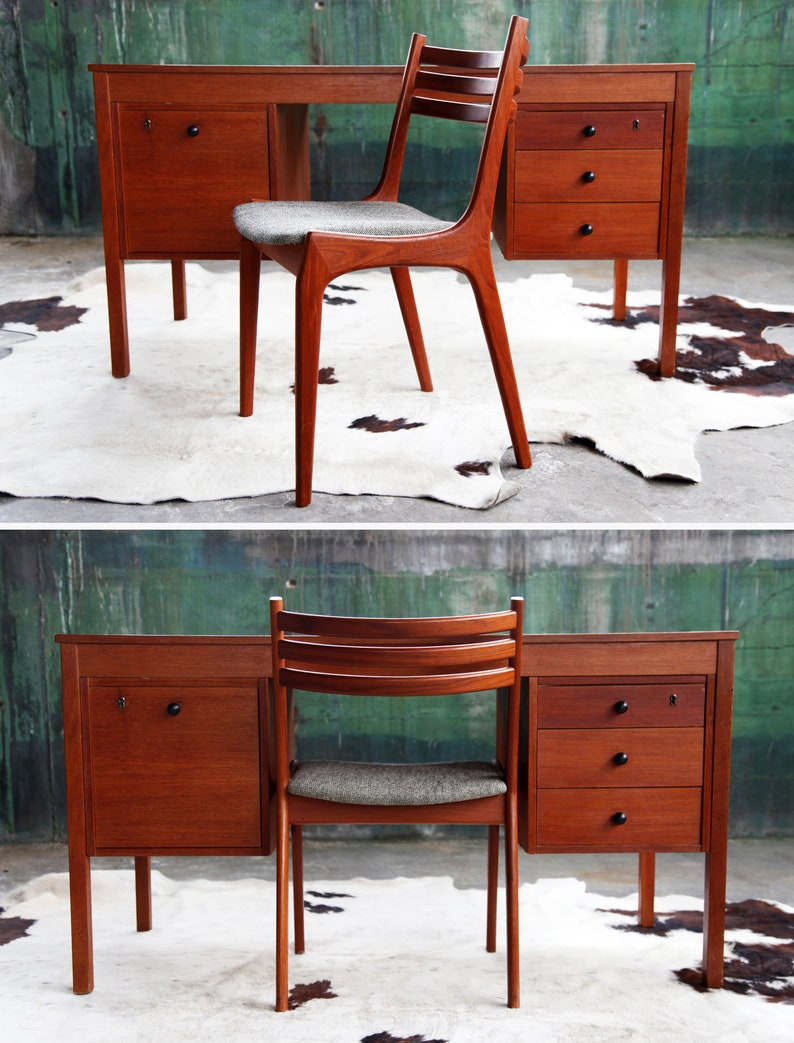 Danish Teak Desk Mid Century Modern Domino Mobler Double Etsy