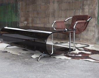 STUNNING Post Modern Smoked glass and bent Chrome Milo Baughman style coffee cocktail table MCM Designer