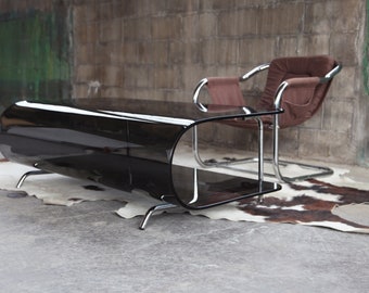 STUNNING Post Modern Smoked glass and bent Chrome Milo Baughman style coffee cocktail table MCM Designer