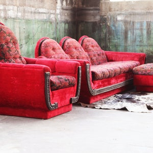 1970s Mid Century Modern Red Velvet Plinth Base Lounge Chair and Ottoman in the Style of Adrian Pearsall Strictly Spanish image 10