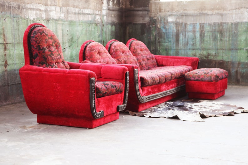 1970s Mid Century Modern Red Velvet Plinth Base Lounge Chair and Ottoman in the Style of Adrian Pearsall Strictly Spanish image 10