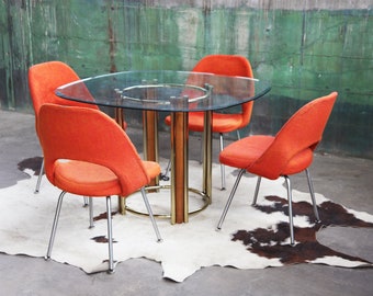 GORGEOUS Mid Century Wood + Brass + Beveled Glass Dining Table / Dinette Hollywood Regency MCM Post Modern