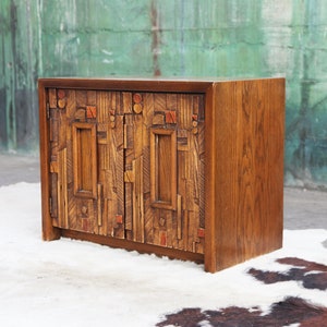 SOLD Paul Evans Style Lane Brutalist MCM Mid Century Post Modern Tessellated Night stand / End table Percival Lafer Style POSTMODERN image 6