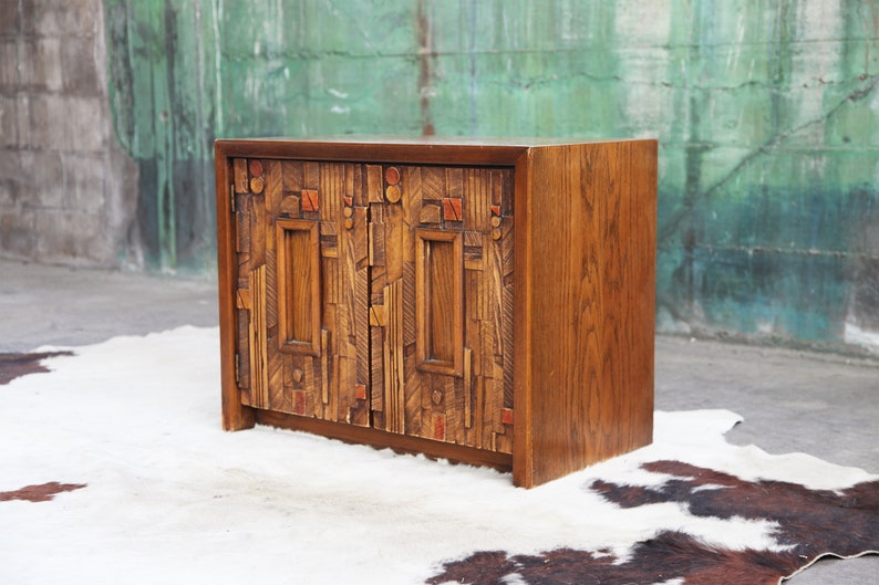 SOLD Paul Evans Style Lane Brutalist MCM Mid Century Post Modern Tessellated Night stand / End table Percival Lafer Style POSTMODERN image 6