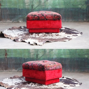 1970s Mid Century Modern Red Velvet Plinth Base Lounge Chair and Ottoman in the Style of Adrian Pearsall Strictly Spanish image 8