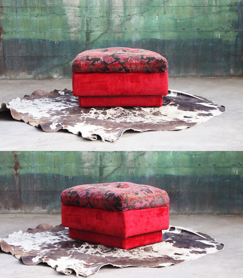 1970s Mid Century Modern Red Velvet Plinth Base Lounge Chair and Ottoman in the Style of Adrian Pearsall Strictly Spanish image 8