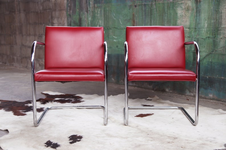 Mid Century Modern Thonet Mies Van Der Rohe Brno Red Chrome Cantilever Dining / Side / Accent Chairs 4 Avail. Sold Ind. SET avail. image 5