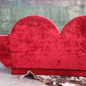 1970s Mid Century Modern Red Velvet Three Seater Plinth Base Sofa in the Style of Adrian Pearsall Strictly Spanish image 4