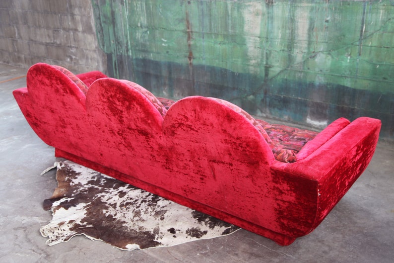1970s Mid Century Modern Red Velvet Three Seater Plinth Base Sofa in the Style of Adrian Pearsall Strictly Spanish image 5
