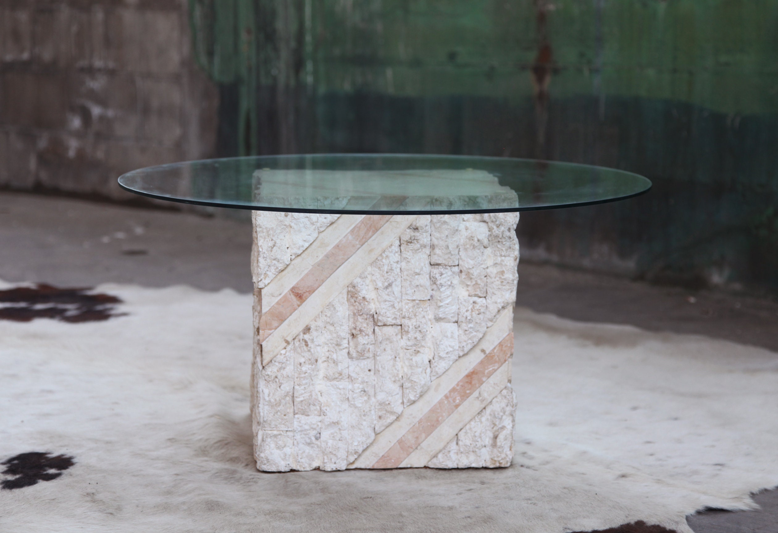 Stone base glass top dining table deals