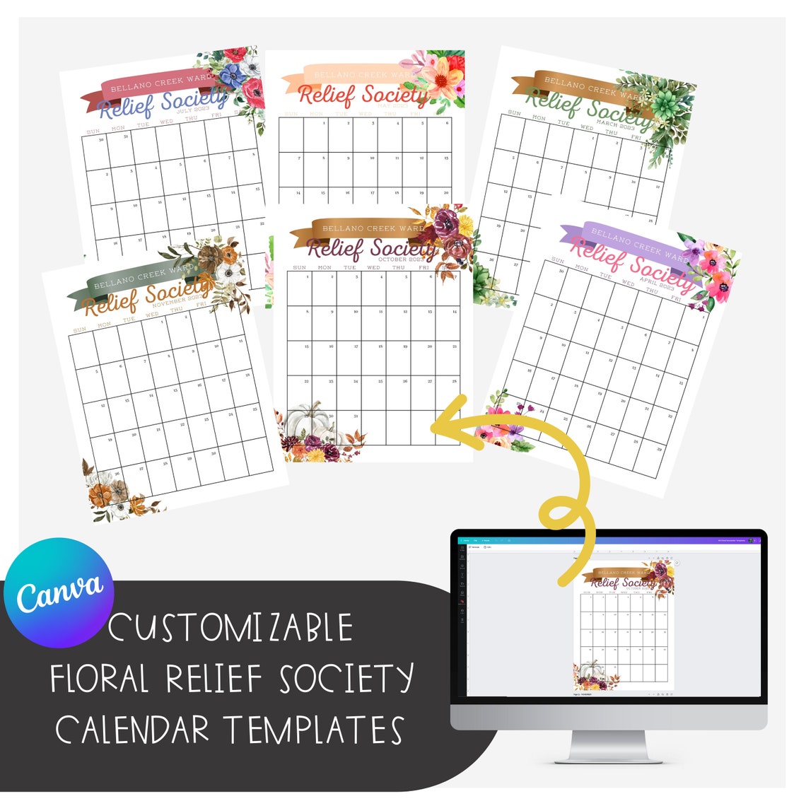 Editable Monthly Calendartemplate Relief Society Calendar Etsy
