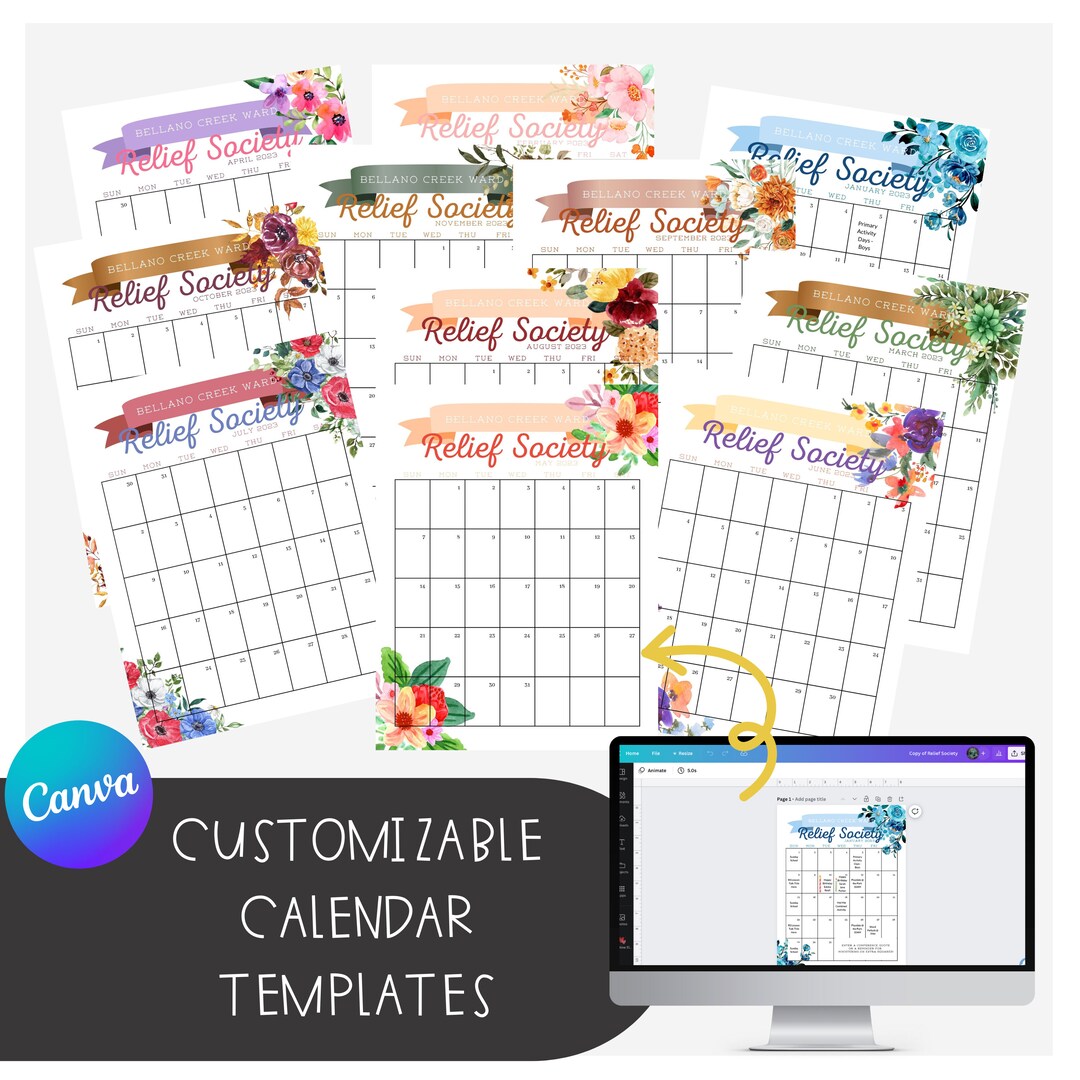 Editable Monthly Calendartemplate Relief Society Calendar Etsy