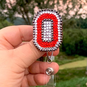 Ohio State Block “O” red silver white Rhinestone Badge Reel/ Clip/ Holder