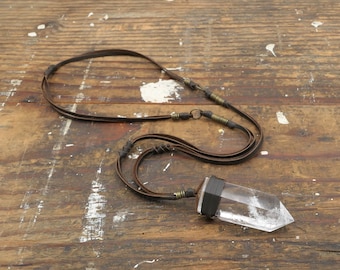 Clear Quartz Long Leather Necklace Large Crystal Pendant
