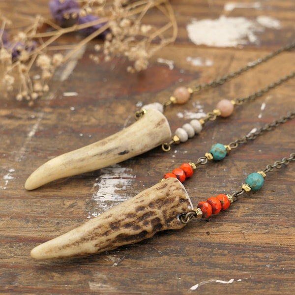 Real Deer Antler Necklace Small Horn Pendant with Gemstone Beads - Boho Gypsy