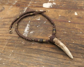 Real Antler Necklace with Leather - Boho Western Handmade Jewelry