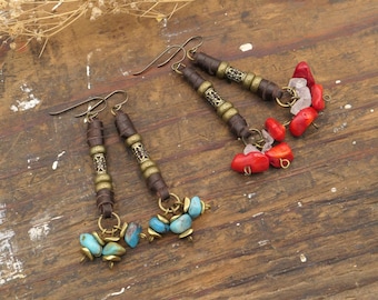 Gemstone Leather Bead Long Earrings Turquoise or Red Dangle Stone