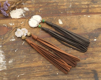 Leather Tassel Dangle Earrings Boho Antler Jewelry - Hypoallergenic