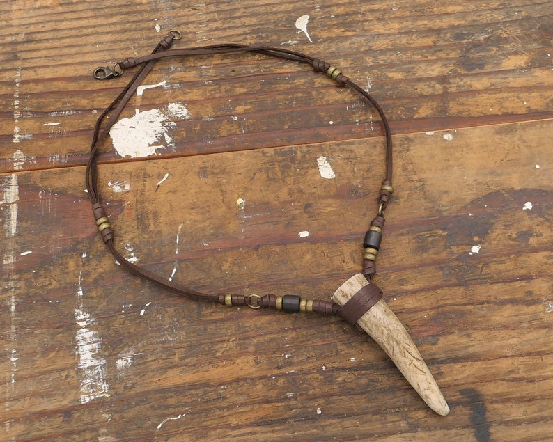 Deer Antler Tip Necklace Leather Wrapped Horn Pendant Boho Gypsy image 2