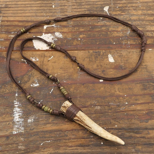 Deer Antler Tip Necklace Leather Wrapped Horn Pendant - Boho Gypsy