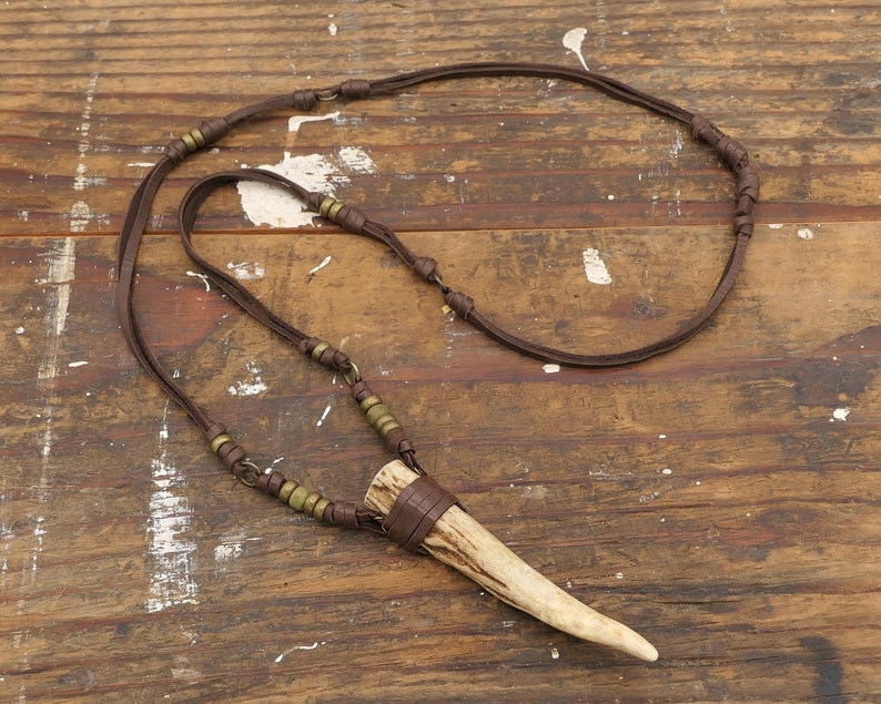 Deer Antler Tip Necklace Leather Wrapped Horn Pendant Boho Gypsy image 1
