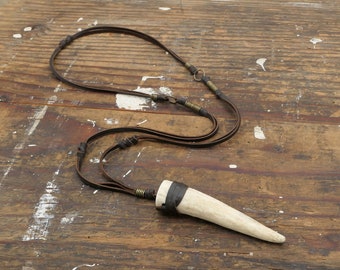 Long Leather Necklace Real Antler Pendant