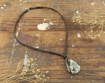 Ocean Jasper Necklace: Natural Stone Pendant on Leather, Gemstone Jewelry