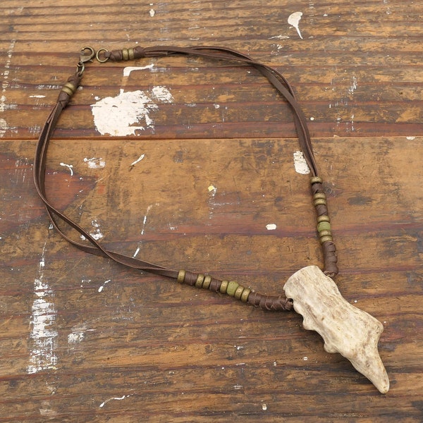 Real Deer Antler Necklace Pendant with Leather, Boho Gypsy Jewelry