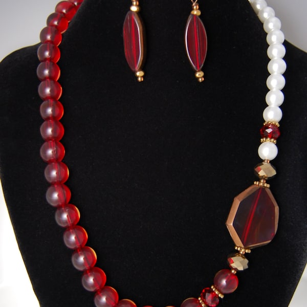 Red Glass, Glass Pearls, Gold Tone Necklace Set, Acrylic Pendant
