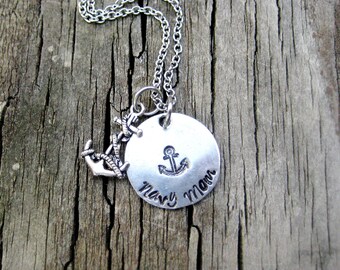 NAVY MOM NECKLACE - Hand Stamped, Navy Mom Necklace, with Anchor Charm