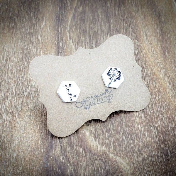 Silver Stud Earrings, Silver Dandelion Earrings, Small Earrings, Dainty Earrings, Hand stamped Earrings, Dandelion Jewelry