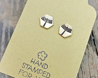 Gold Stud Earrings, Dragonfly Earrings, Small Earrings, Dainty Earrings, Hand Stamped Earrings, Minimalist Earrings, Small Gold Earrings