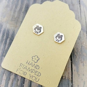Gold Stud Earrings, Owl Earrings, Small Earrings, Dainty Earrings, Hand Stamped Earrings, Owl Jewelry, Small Gold Earrings