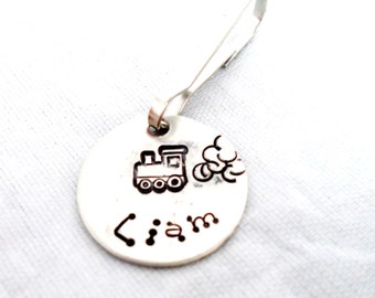 PERSONALIZED ZIPPER Pull - Backpack tag, Stocking Stuffer, Kids, Train or Bike design Option, gift for son
