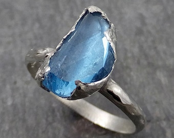 Partially faceted Solitaire Blue Topaz 18k White Gold Engagement Ring Wedding Ring One Of a Kind Gemstone Ring 0553