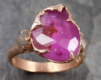 Partially faceted Sapphire gemstone Raw Rough Diamond 14k Rose Gold Engagement multi stone 1311