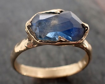 Partially faceted blue Montana Sapphire 18k Yellow Gold Solitaire Engagement Wedding Ring Gemstone Ring 2984