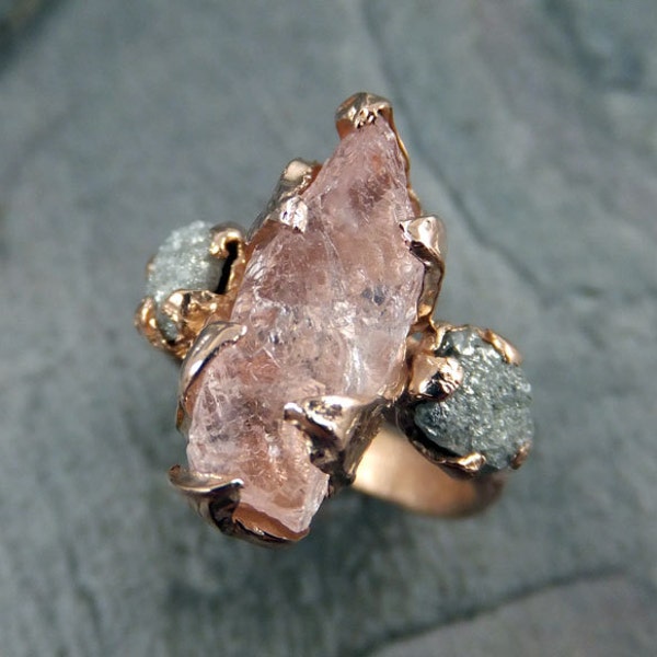 CUSTOM Raw Morganite Diamond Rose Gold Engagement Ring Wedding Ring Custom One Of a Kind Gemstone Ring Bespoke Three stone Ring byAngeline