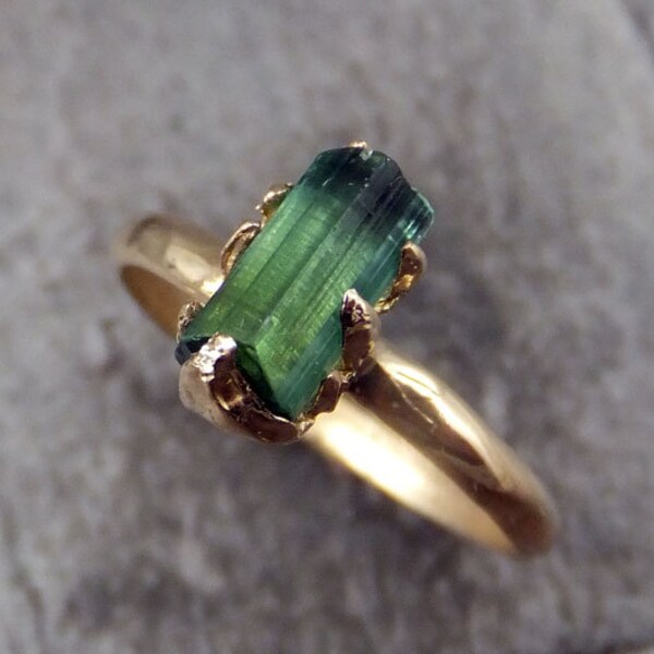 Raw Green Tourmaline Gold Ring Rough Uncut Gemstone Crystal recycled 14k  stacking cocktail statement byAngeline