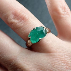 Partially Faceted Emerald Solitaire White 14k Gold Ring Birthstone One Of a Kind Gemstone Cocktail Ring Recycled 3025 image 9