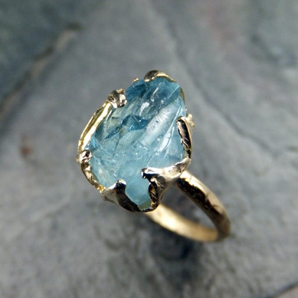 Raw Aquamarine Ring Solid 14K Gold Ring One of a Kind Uncut Rough Gemstone Ring Statement Ring Stacking Ring Cocktail Ring byAngeline