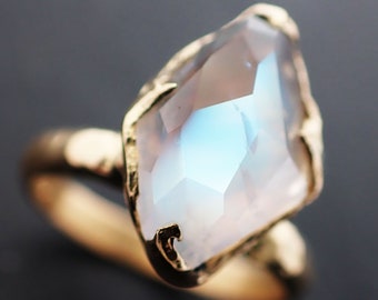 Partially Faceted Moonstone Yellow Gold Ring Gemstone Solitaire recycled 18k statement cocktail statement 3483