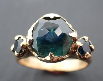 Partially faceted blue green Montana Sapphire fancy cut side Sapphires 18k Gold Engagement Wedding Gemstone ring Multi stone 3475