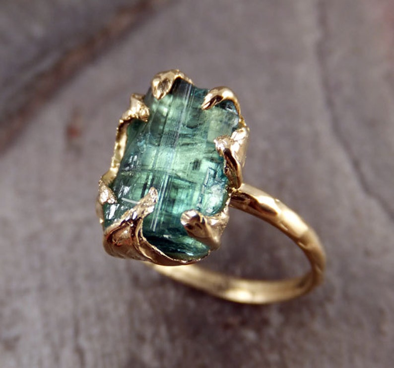Raw Sea Green Tourmaline Gold Ring Rough Uncut Gemstone Etsy