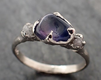 purple Sapphire tumbled polished White 14k gold multi stone gemstone ring 3259