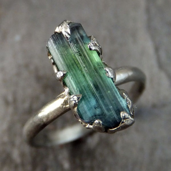 Raw blue Green Tourmaline White Gold Ring Rough Uncut Gemstone Promise Engagement recycled 14k stacking cocktail statement byAngeline