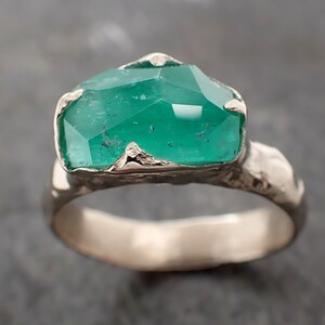 Partially Faceted Emerald Solitaire White 14k Gold Ring Birthstone One Of a Kind Gemstone Cocktail Ring Recycled 3025 image 2